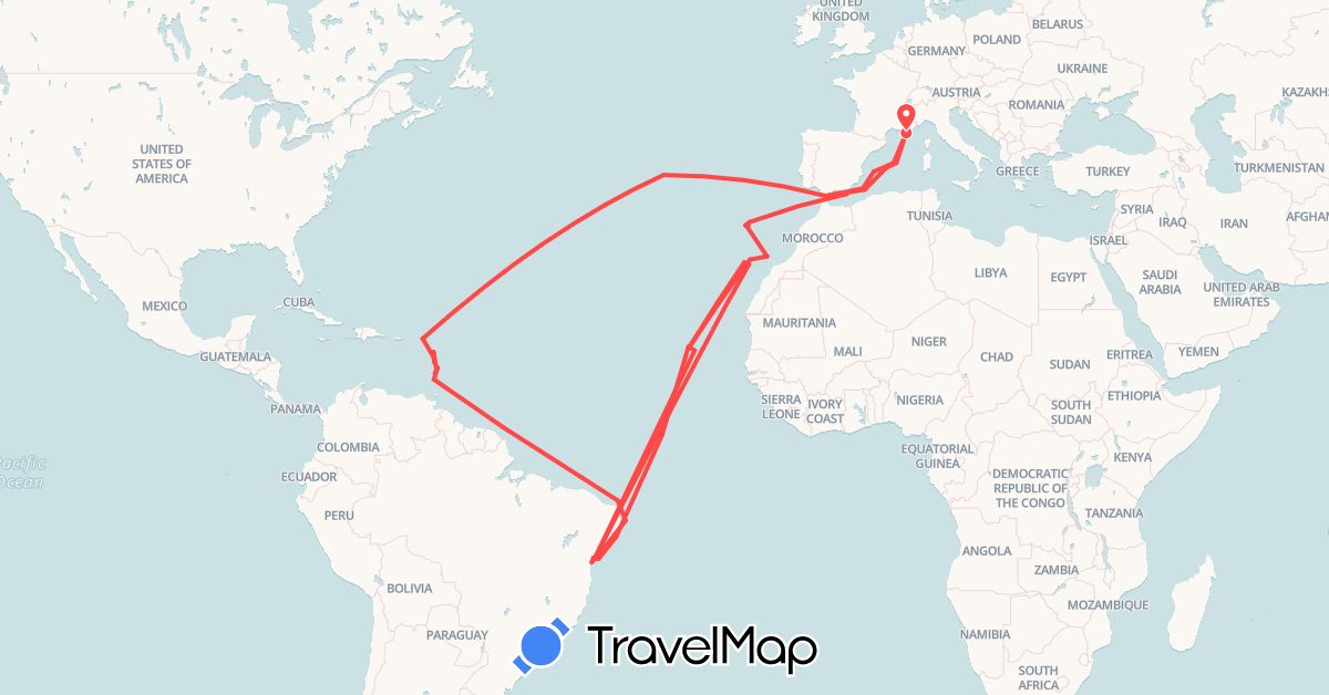 TravelMap itinerary: driving, hiking in Brazil, Cape Verde, Dominica, Spain, France, Grenada, Gibraltar, Guadeloupe, Saint Lucia, Saint Martin, Portugal, Saint Vincent and the Grenadines (Africa, Europe, North America, South America)